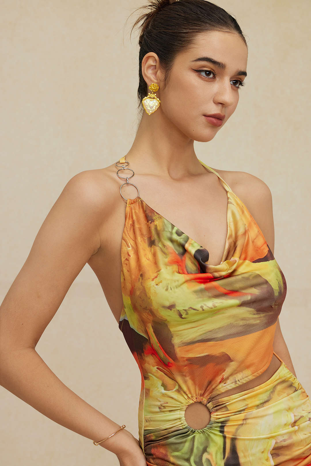 Abstract Print Halter Cowl Neck Split Mini Dress 