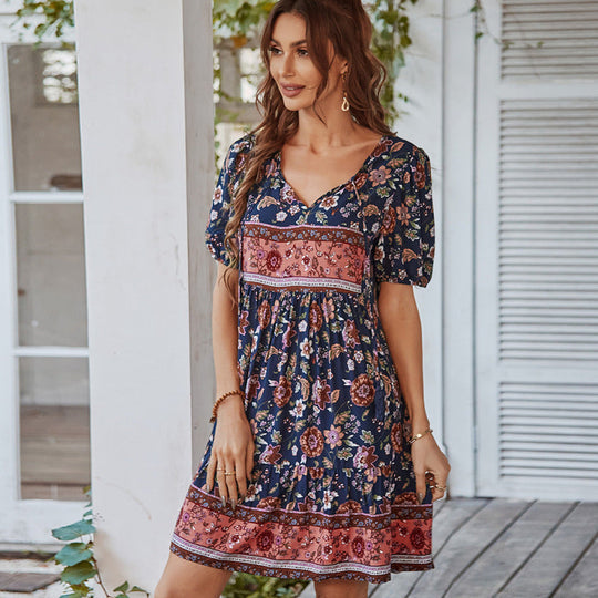 Summer women's boho dress with floral pattern