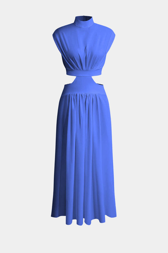 Mock Neck Cut Out Pleated Maxi Dress 