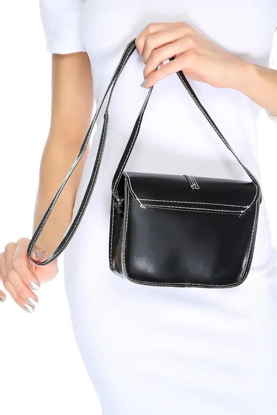 Black Adjustable Shoulder Strap Mini Faux Leather Handbag – Compact &amp; Stylish