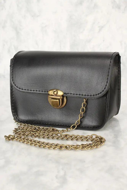 Black Faux Leather Handbag with Snap Closure and Chain Shoulder Strap