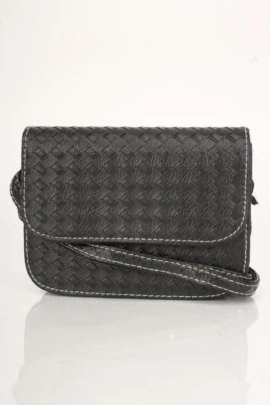 Black Faux Leather Woven Handbag with Snap Closure