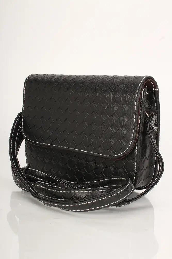 Black Faux Leather Woven Handbag with Snap Closure