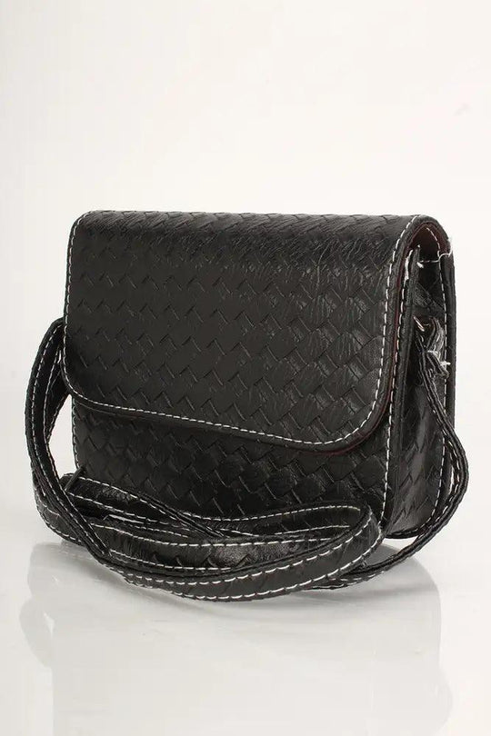 Black Faux Leather Woven Handbag with Snap Closure