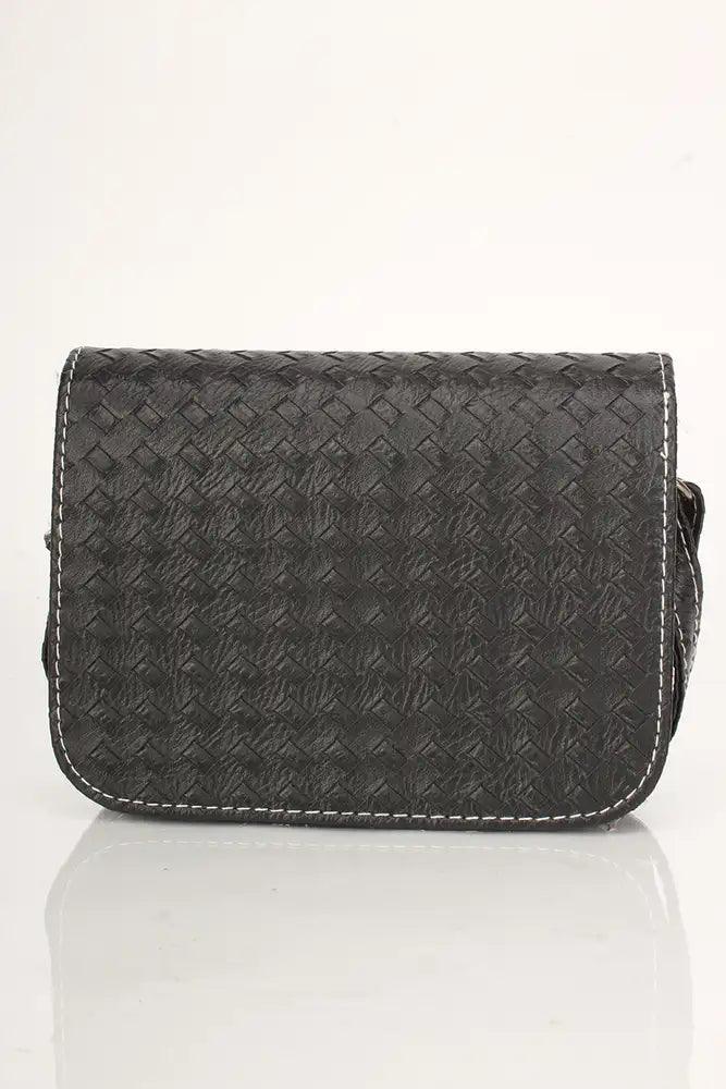 Black Faux Leather Woven Handbag with Snap Closure