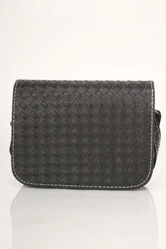 Black Faux Leather Woven Handbag with Snap Closure