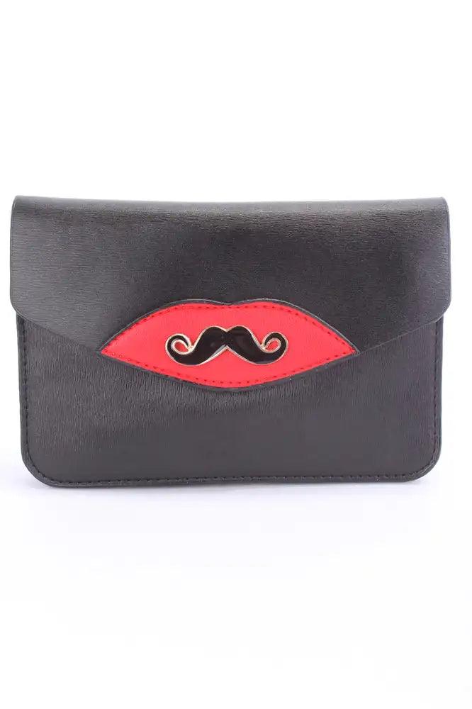 Black Clutch/Handbag with Hat and Moustache Print – Stylish and Eye-catching