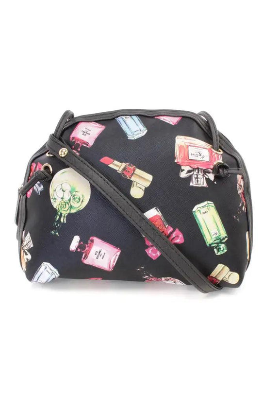 Black Perfume Print Mini Faux Leather Handbag – Elegant with a Wink