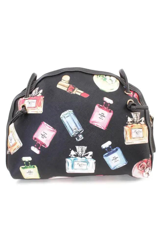 Black Perfume Print Mini Faux Leather Handbag – Elegant with a Wink