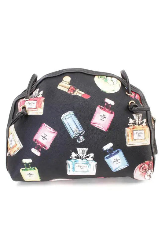 Black Perfume Print Mini Faux Leather Handbag – Elegant with a Wink