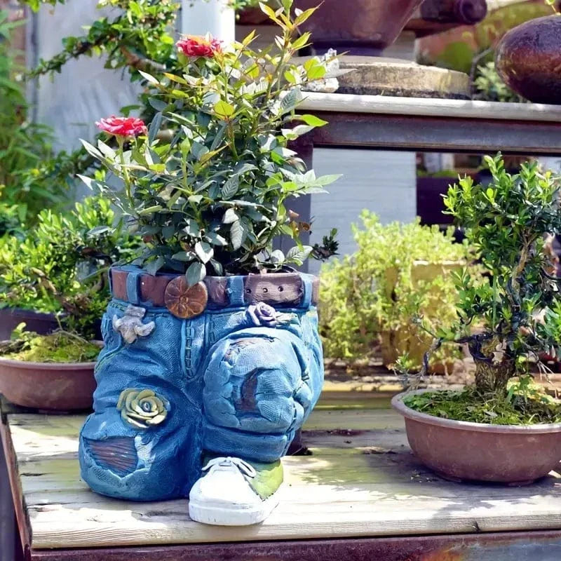 Jeans Design Plant Pot Jardino Denim for Succulents | Sculptural Resin Flower Pot | Lightweight Durable | Indoor Outdoor Decorative Accent