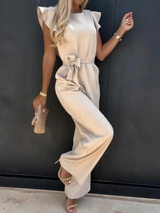 Elegant Women's Jumpsuit with Tie Belt - Comfortable Summer Outfit with Full Legs