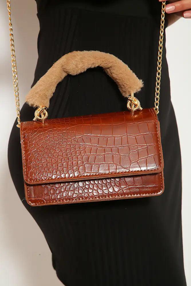 Brown Faux Fur Handbag with Snake Print