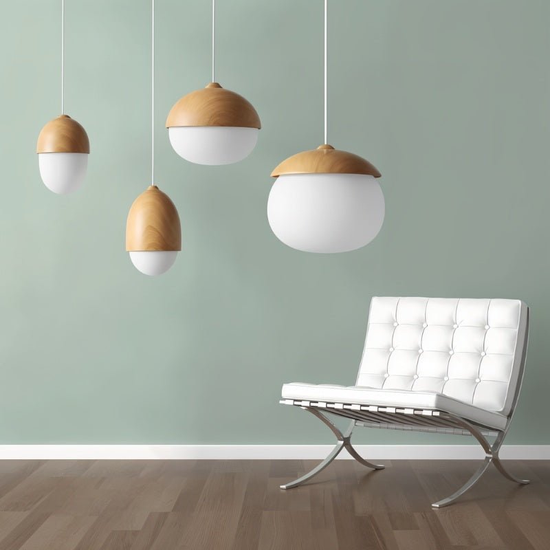 Castanea Pendant Lamp | Wrought Iron & Wood-Effect Ceiling Light | E26 LED Frosted Glass | Modern Natural Design | Living Room Lobby Restaurant