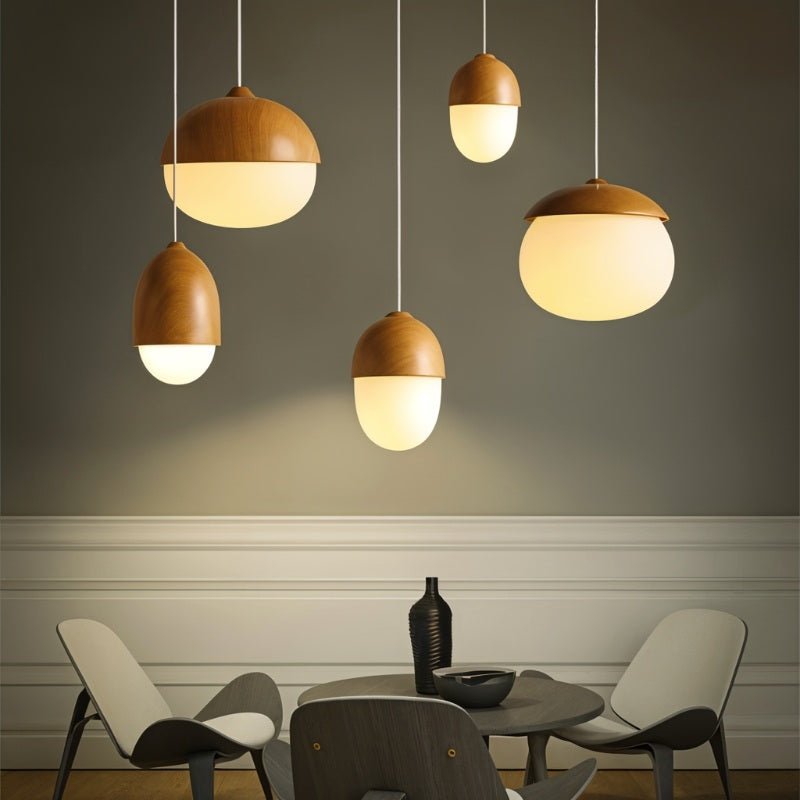 Castanea Pendant Lamp | Wrought Iron & Wood-Effect Ceiling Light | E26 LED Frosted Glass | Modern Natural Design | Living Room Lobby Restaurant
