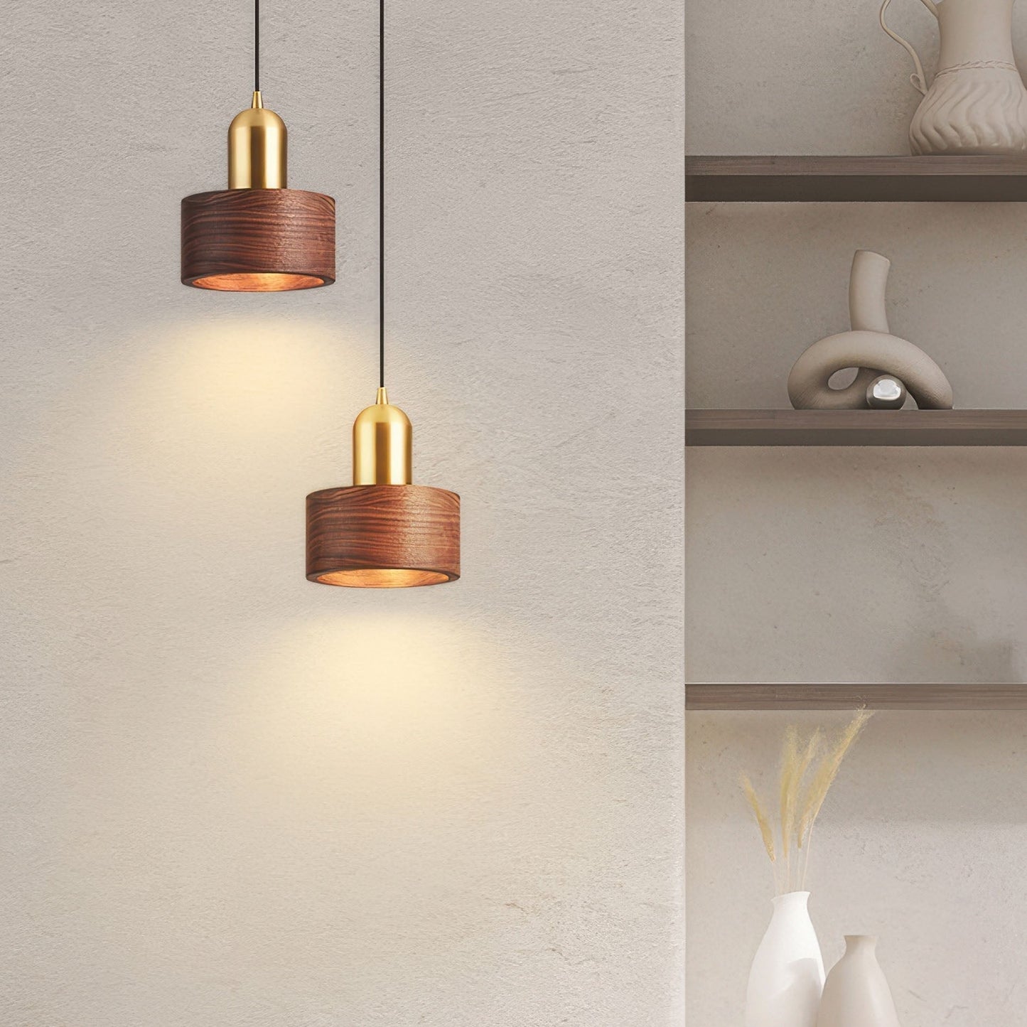 Cylinder Hanging Lamp Japanese Style | LED E27 | Brass & Walnut | Minimalist Indoor Pendant Lighting