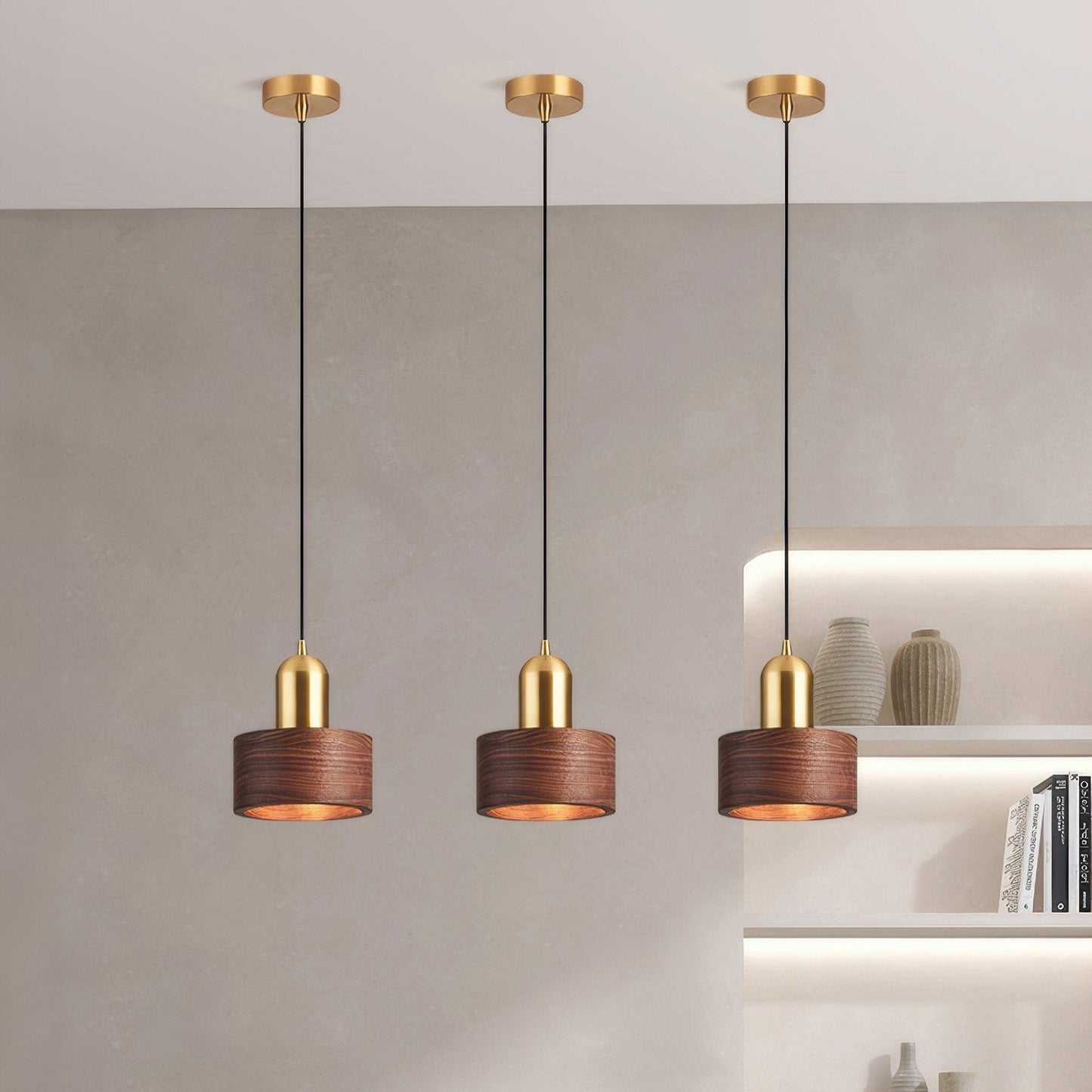 Cylinder Hanging Lamp Japanese Style | LED E27 | Brass & Walnut | Minimalist Indoor Pendant Lighting