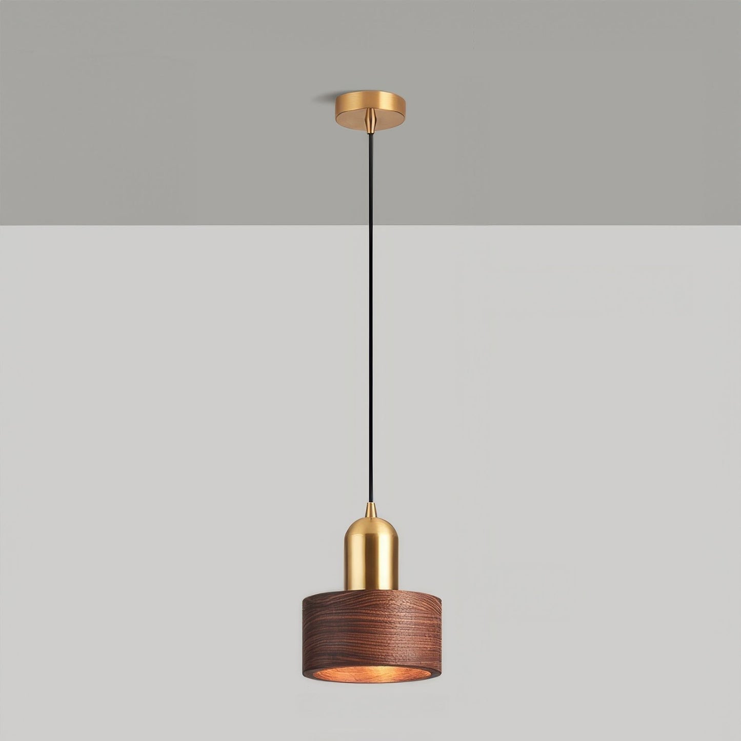 Cylinder Hanging Lamp Japanese Style | LED E27 | Brass & Walnut | Minimalist Indoor Pendant Lighting