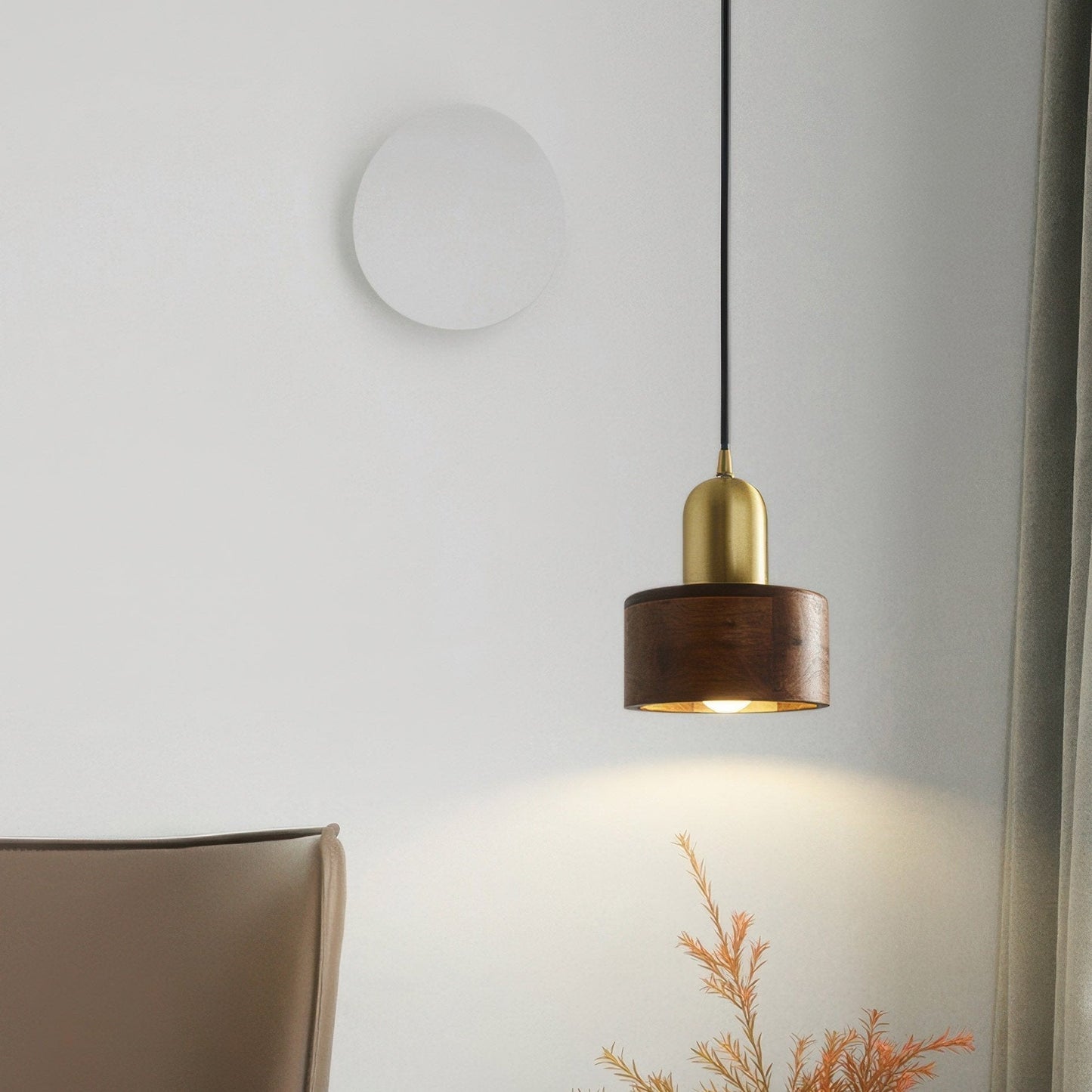 Cylinder Hanging Lamp Japanese Style | LED E27 | Brass & Walnut | Minimalist Indoor Pendant Lighting