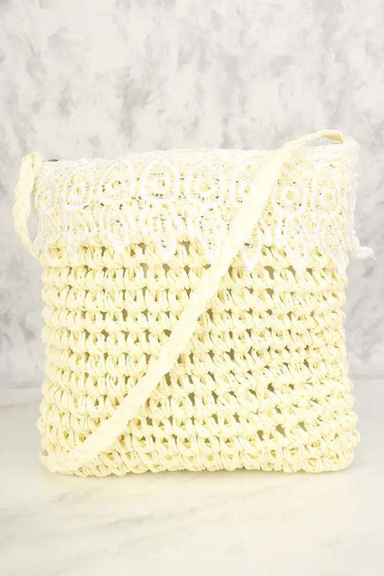 Cream Straw Embroidered Crochet Shoulder Handbag