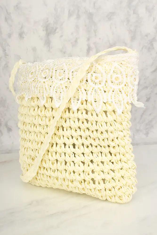 Cream Straw Embroidered Crochet Shoulder Handbag