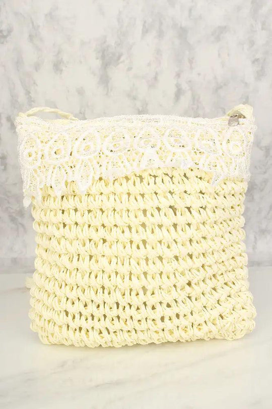 Cream Straw Embroidered Crochet Shoulder Handbag