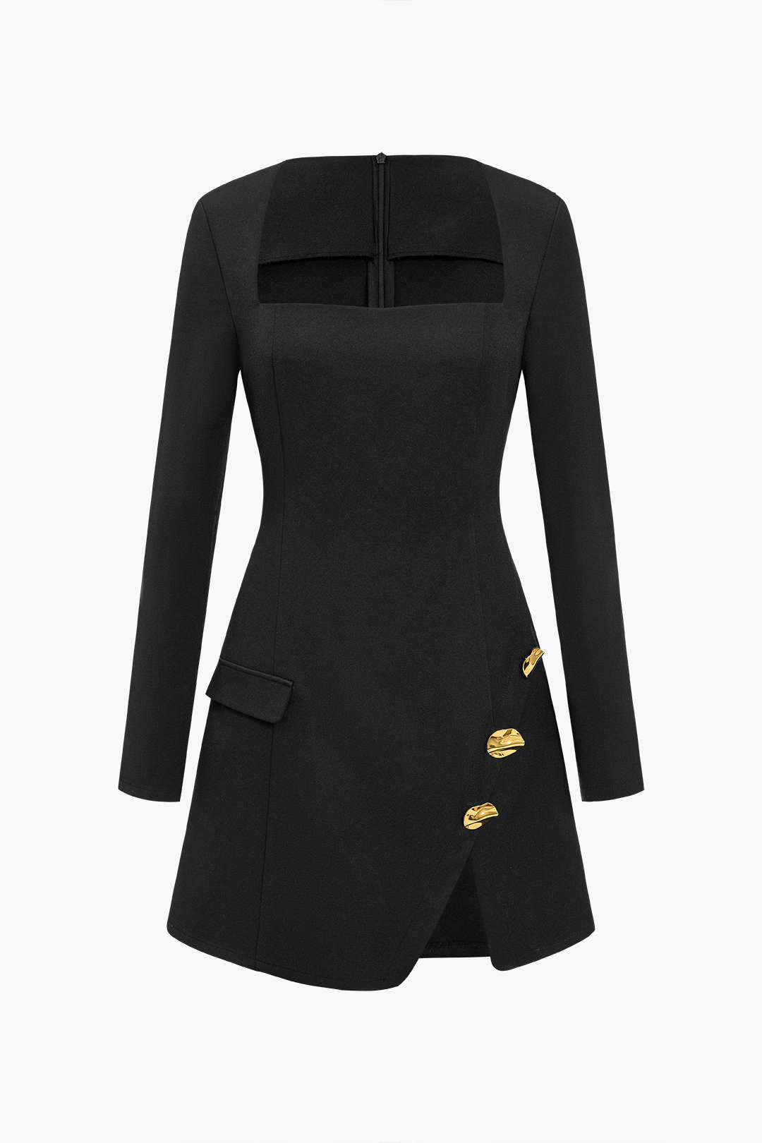 Plain Button Zipper Asymmetrical Mini Dress 