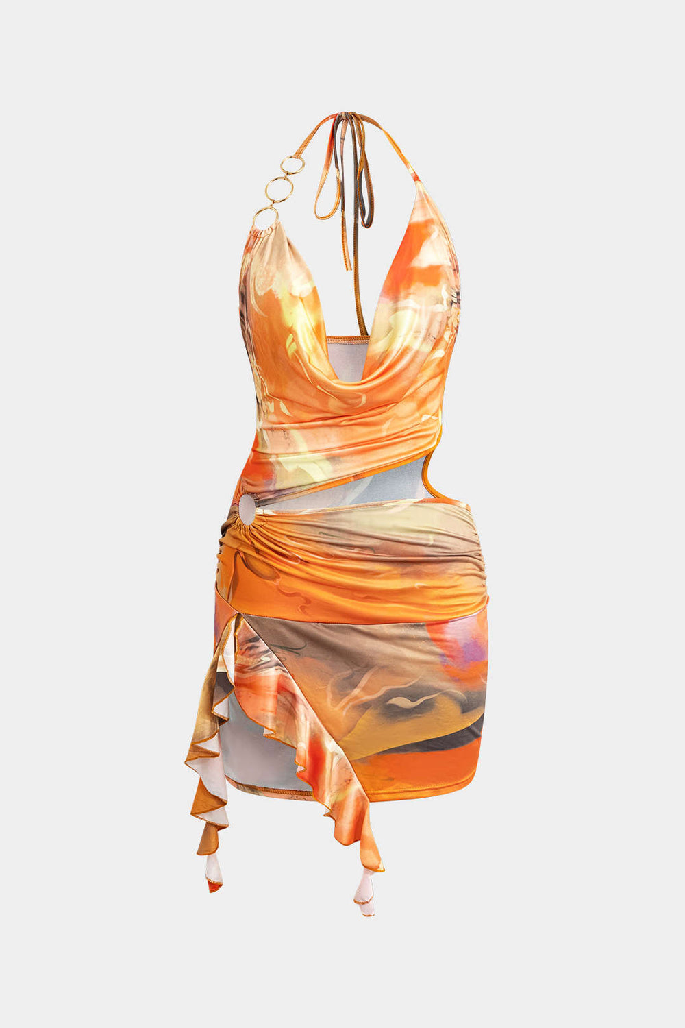 Abstract Print Halter Cowl Neck Split Mini Dress 