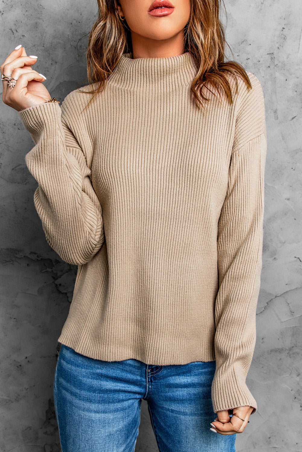 Ribbed Split Shoulder Sweater | High-Low Design | Casual Long Sleeve Sweater