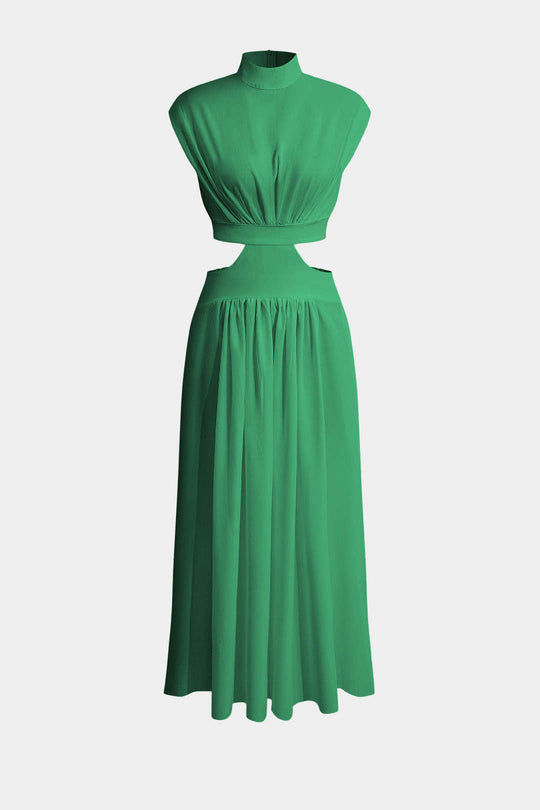 Mock Neck Cut Out Pleated Maxi Dress 