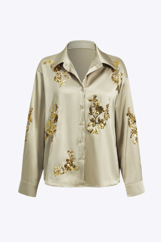Mabel - Stylish Split Design Shirt for Women with Sequins and Long Sleeves
