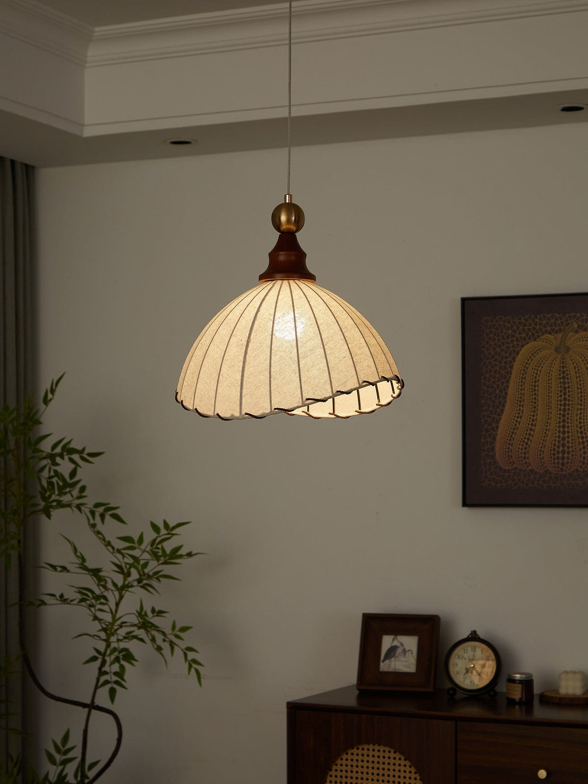 Modern Fabric Pendant Light for Dining & Living Room | Pleated Shade Wood Accent | E26/E27 LED Compatible | Adjustable Cable | 40cm