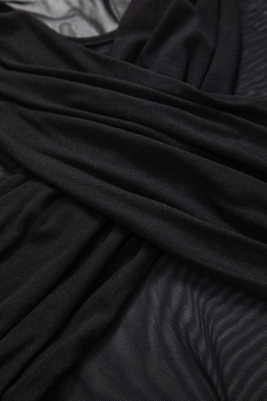 Crossed Mesh Sheer V-Neck Long Sleeve Maxi Dress 