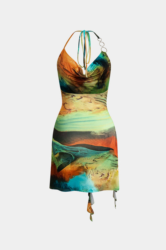 Abstract Print Halter Cowl Neck Split Mini Dress 