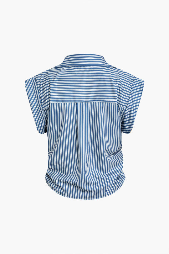 Tisiphone - Chic Striped Print Women's Cap Sleeve Button Shirt
