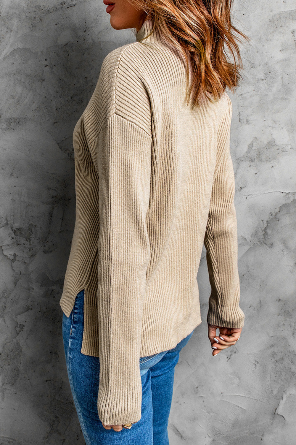 Ribbed Split Shoulder Sweater | High-Low Design | Casual Long Sleeve Sweater