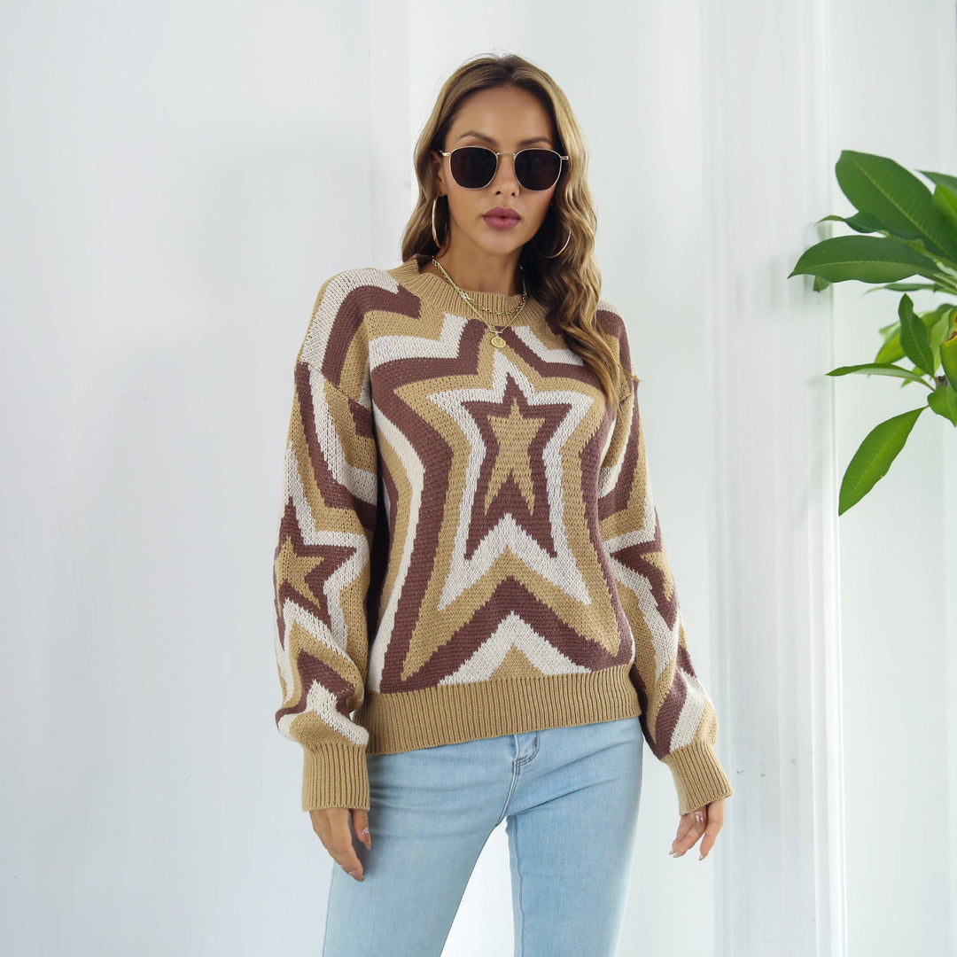 Star Fall Shoulder Sweater | Ribbed Crew Neck | Casual &amp; Chic Long Sleeves