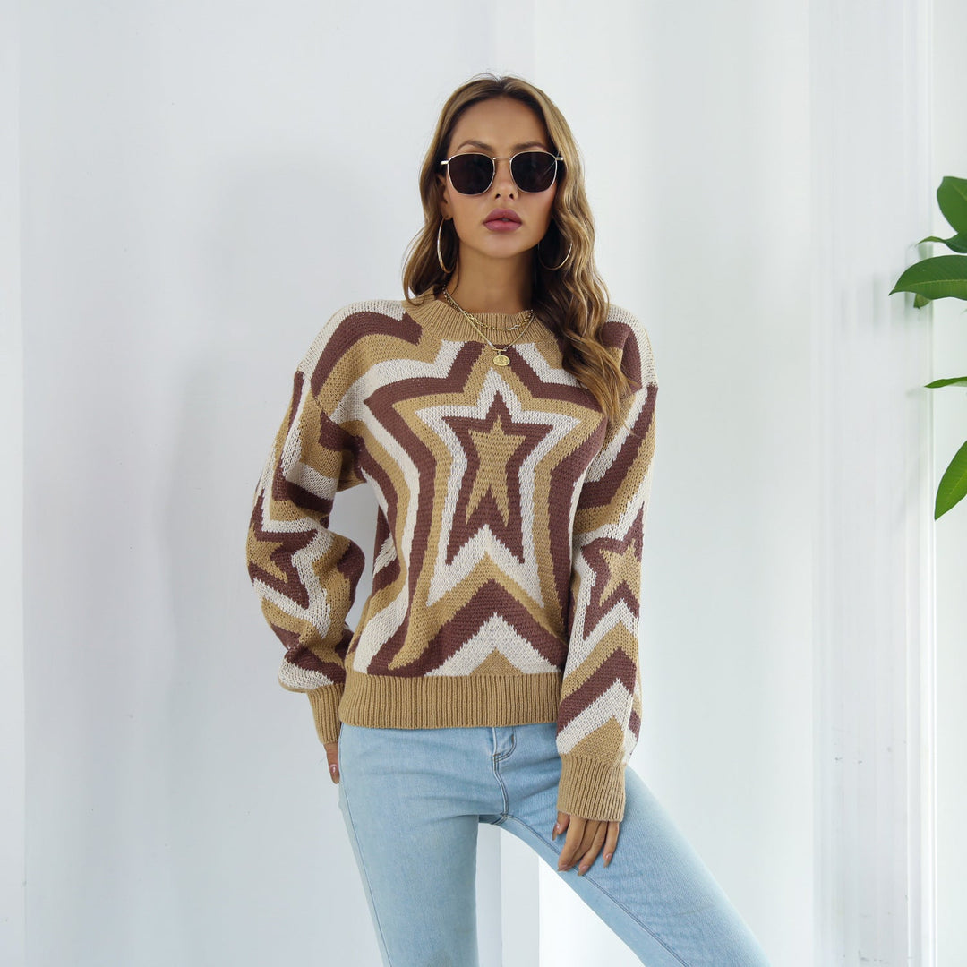 Star Fall Shoulder Sweater | Ribbed Crew Neck | Casual &amp; Chic Long Sleeves