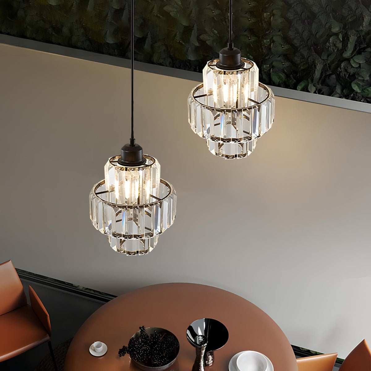 Fernando Round Layered Crystal Pendant Lamp | Glass & Iron | E27 Bulb Compatible | Elegant Hallway & Lobby Lighting | 17x22cm