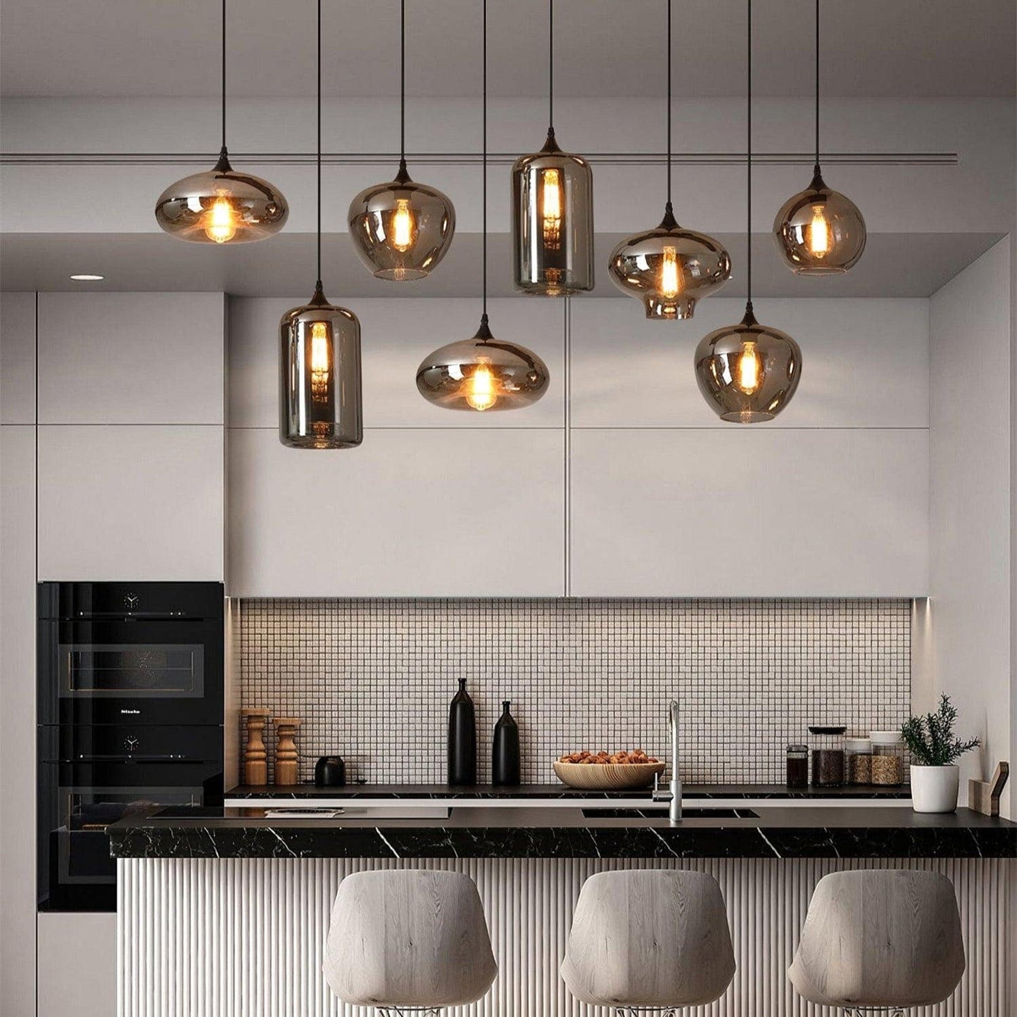 Luxury Bottle Glass Pendant Lamp Smoke Glass | Black Metal Finish | E26 E27 Compatible | Adjustable Hanging Rod | Modern Ambient Lighting