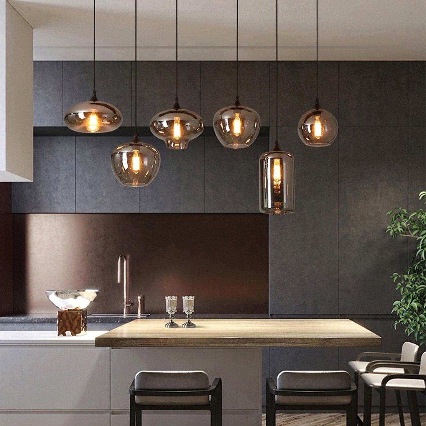 Luxury Bottle Glass Pendant Lamp Smoke Glass | Black Metal Finish | E26 E27 Compatible | Adjustable Hanging Rod | Modern Ambient Lighting