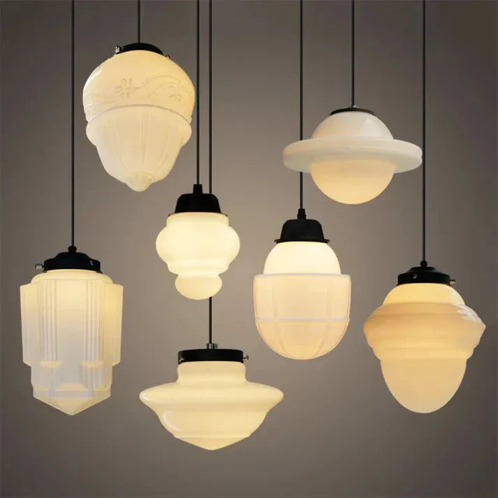 Vintage White Milk Glass Geometric Jar Pendant Lamp | E27 Hanging Light | Adjustable Cord | Decorative Ambient Lighting