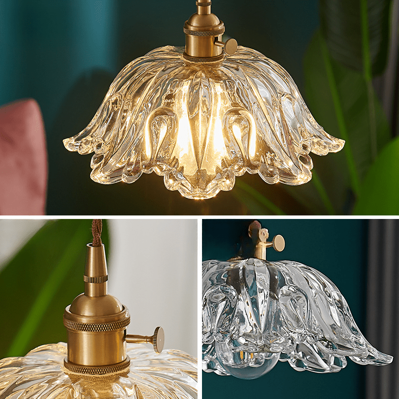 Glass Flower Pendant Lamp Floral Ceiling Light | Copper & Glass | LED Compatible | Ambient Indoor Lighting | Bedroom & Dining Decor
