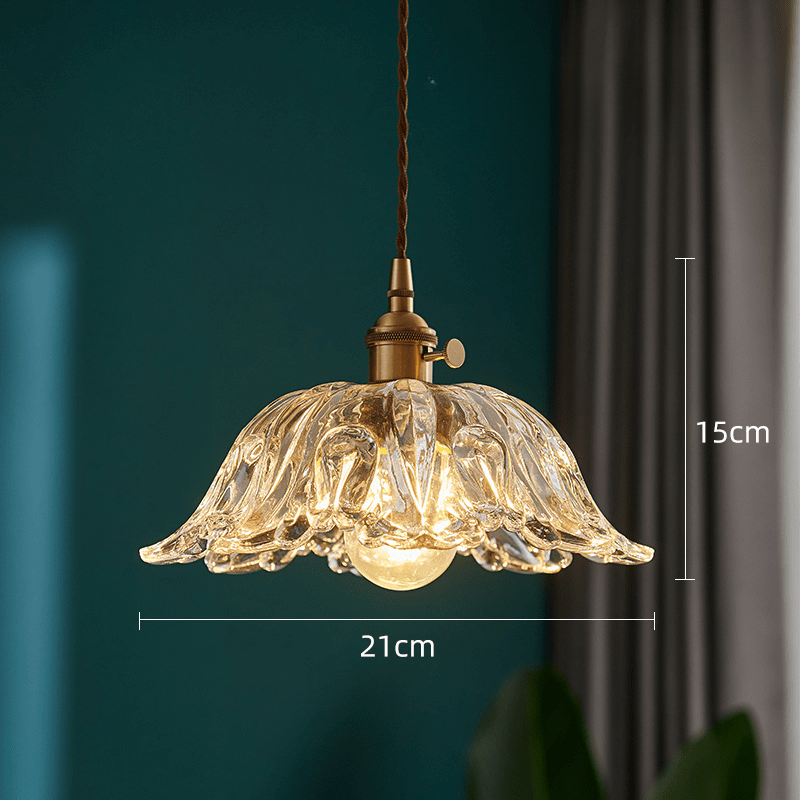 Glass Flower Pendant Lamp Floral Ceiling Light | Copper & Glass | LED Compatible | Ambient Indoor Lighting | Bedroom & Dining Decor