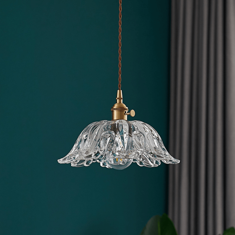 Glass Flower Pendant Lamp Floral Ceiling Light | Copper & Glass | LED Compatible | Ambient Indoor Lighting | Bedroom & Dining Decor