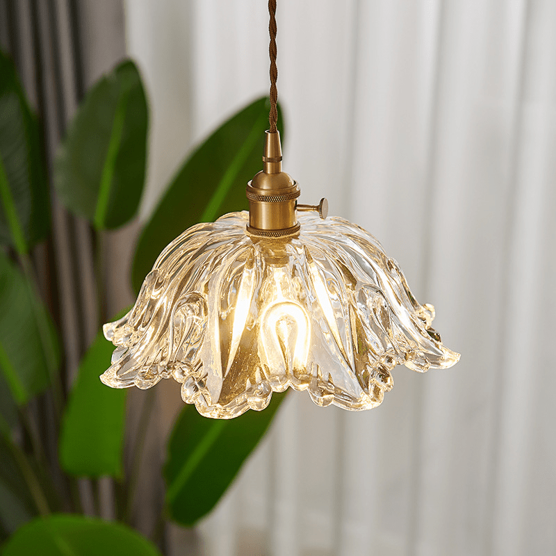 Glass Flower Pendant Lamp Floral Ceiling Light | Copper & Glass | LED Compatible | Ambient Indoor Lighting | Bedroom & Dining Decor