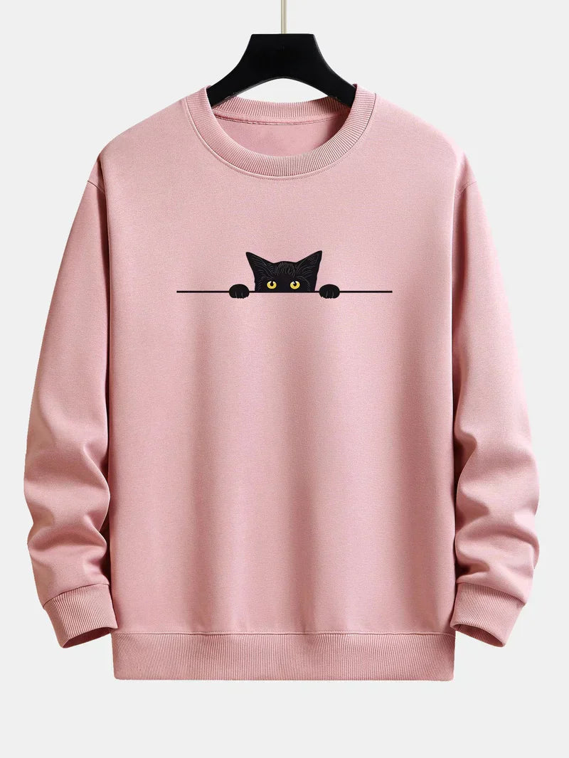 Relaxed Fit Sweatshirt with Black Cat Print for Men | Ideal for Daily Use and Casual Occasions