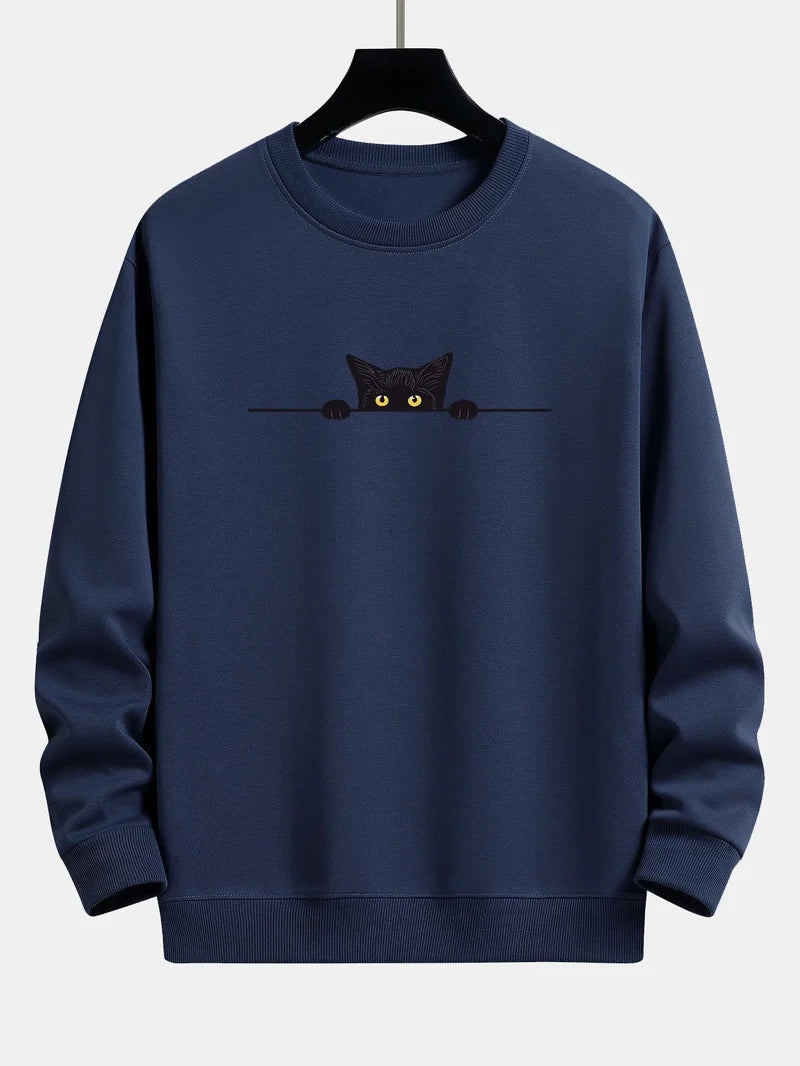 Relaxed Fit Sweatshirt with Black Cat Print for Men | Ideal for Daily Use and Casual Occasions
