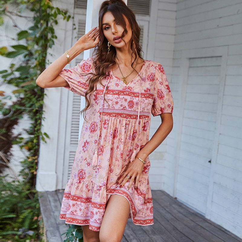 Summer women's boho dress with floral pattern