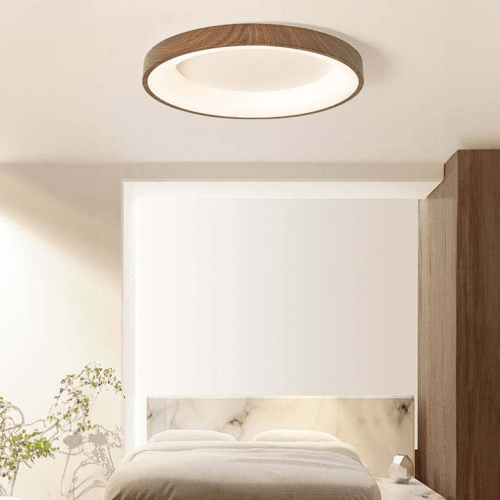 Natural Wooden LED Ceiling Lamp Circular Modern Ceiling Light | Iron Acrylic Design | Flush Mount Bedroom Lighting | Multiple Sizes